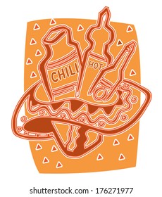  Mexican hot sauce & chili in sombreros. Vector illustration