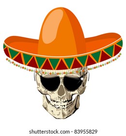 Mexican human skull with sombrero hat and eye glasses, conceptual icon for "Day of the Dead" holiday