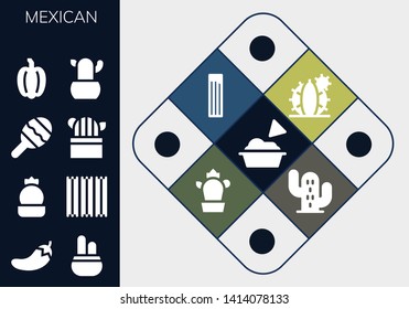 mexican icon set. 13 filled mexican icons.  Collection Of - Guacamole, Chili, Cactus, Churros, Maraca, Pepper