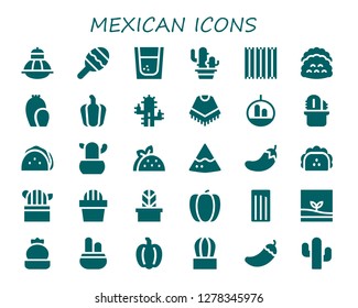  mexican icon set. 30 filled mexican icons. Simple modern icons about  - Terrarium, Maraca, Tequila, Cactus, Churros, Tacos, Pepper, Poncho, Taco, Nachos, Chili