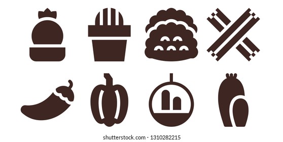 mexican icon set. 8 filled mexican icons.  Collection Of - Pepper, Cactus, Tacos, Churros