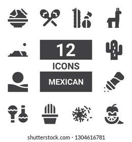 mexican icon set. Collection of 12 filled mexican icons included Pepper, Desert, Cactus, Maracas, Alpaca, Nachos