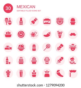 mexican icon set. Collection of 30 filled mexican icons included Maracas, Tequila, Pepper, Terrarium, Merida, Cactus, Chili, Desert, Nachos, Mexican skull, Mustache, Mariachi