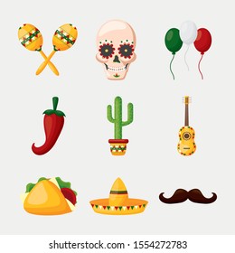 Mexican icon set design, Mexico culture tourism landmark latin and party theme Vector illustration