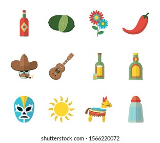 Mexican Icon Set Design, Mexico Culture Tourism Landmark Latin And Party Theme Vector Illustration