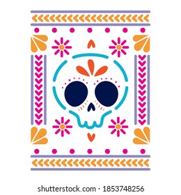 mexican icon of a skull with colors in square on white background vector illustration design