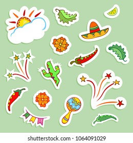 Mexican icons collection. Doodle style elements. Stickers effect with shadows. Vector illustration.