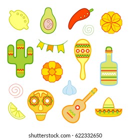 Mexican icons collection. Stylized marigold flowers, cactus, maraca, sombrero, skull, chili pepper, lemon, tequila bottle, garlic, guitar, avocado, flags, colored symbols. Vector illustration.