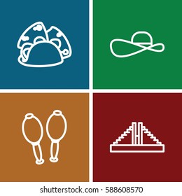 mexican icons set. Set of 4 mexican outline icons such as Chichen Itza, taco, maracas
