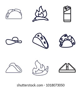 Mexican icons. set of 9 editable outline mexican icons such as chili, taco, burrito, sun hat