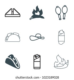 Mexican icons. set of 9 editable filled and outline mexican icons such as chili, taco, burrito, maracas, sun hat