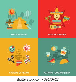 Mexican icons set with culture customs folklore and food symbols flat isolated vector illustration 