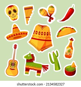 Mexican icons or stickers set, vector clipart.