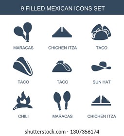 mexican icons. Trendy 9 mexican icons. Contain icons such as maracas, Chichen Itza, taco, sun hat, chili. mexican icon for web and mobile.
