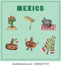 Mexican independence background with flags, traditional hat's and Mexican food. Mariachi icon.