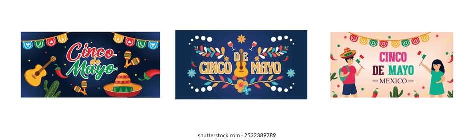 Mexican independence celebration with traditional paper cut flags and holiday symbols. Cinco de Mayo May 5. Cinco de mayo celebration for Poster. Set flat vector modern illustration