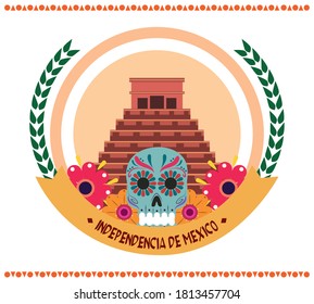 mexican independence day, ancient pyramid catrina and flowers emblem, celebrated on september vector illustration