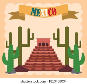 mexican independence day, ancient pyramid cactus traditional, celebrated on september vector illustration