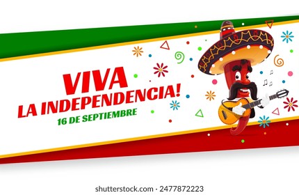 Mexican Independence Day banner with cartoon pepper and Mexico flag, vector background. Chili pepper mariachi character in sombrero with guitar for Mexican Independence day holiday fiesta celebration