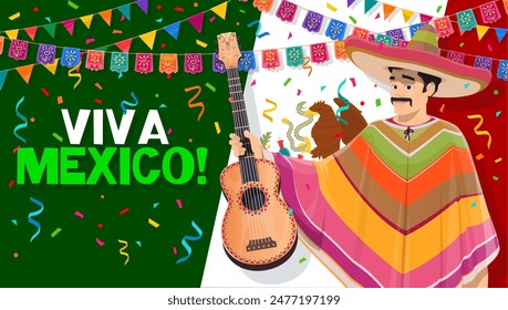 Mexican Independence Day banner. Viva Mexico and mexican musician with guitar, flag and papel picado garland vector poster. Cartoon mariachi character in sombrero and poncho with paper cut flags