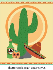 mexican independence day, cactus hat tequila skull catrina festival traditional, celebrated on september vector illustration