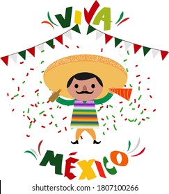 Mexican Independence day celebration - Man celebrating - text in spanish: Long live Mexico 