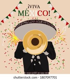 Mexican Independence day celebration - Mariachi playing the trumpet and text in spanish: Long live Mexico 