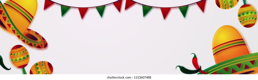 Mexican Independence Day celebrations banner design with maracas, sombrero hat and chilli peppers.