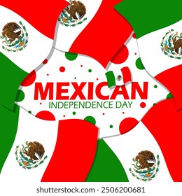 

Mexican Independence Day event banner. Waving Mexican flags with bold text and dots decoration on white background to celebrate on September 16th