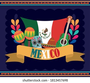 mexican independence day, flag catrina guitar maracas and floral decoration, celebrated on september vector illustration