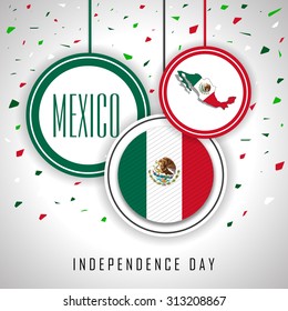 Mexican Independence Day Flag, Map With Confetti Design For Mexico.