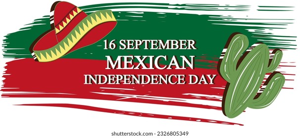 Mexican Independence Day flat banner with sombrero and cactus. Mexican flag with cacti from Brush Strokes isolated on white background in Grunge style. Vector illustration.