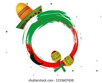 Mexican Independence Day frame design with maracas, sombrero hat and chilli pepper.