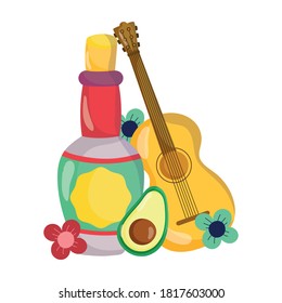 mexican independence day, guitar bottle tequila avocado flowers, viva mexico is celebrated on september vector illustration