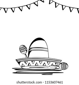 Mexican Independence Day hand drawn design with maracas, sombrero hat and banners.