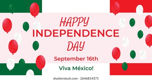 Mexican Independence Day, Happy Independence Day, September 16th, Long Live Mexico! red, white, green, balloons, vector illustration