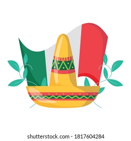 mexican independence day, hat and flag floral decoration, celebrated on september vector illustration