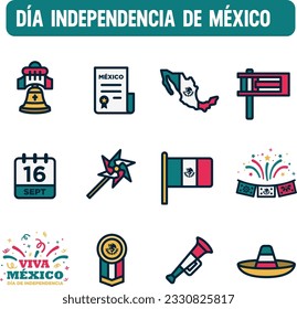 Mexican independence day icons. Vector set of September 16. Color icon design. Mexican national holidays.