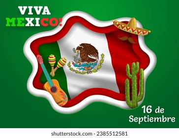 Mexican Independence Day paper cut banner with national flag and sombrero. Viva Mexico holiday vector 3d papercut frame with mexican guitar, maracas, cactus, eagle and snake heraldic symbol of Mexico