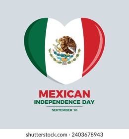 Mexican Independence Day poster vector illustration. Flag of Mexico in heart shape icon vector isolated on a gray background. Mexican flag love symbol. September 16. Important day