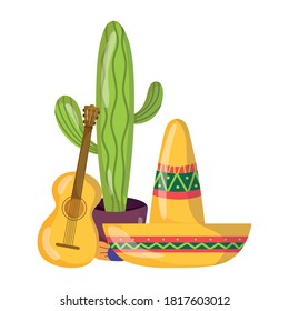 mexican independence day, potted cactus guitar and hat, celebrated on september vector illustration