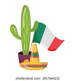 mexican independence day, potted cactus hat and flag, celebrated on september vector illustration