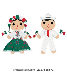 Mexican Independence Day Rag Dolls: Festive Decorations with Flag, Matraca, and Mariachi Bow Tie. Vibrant Tribute to the Tradition of Independence Day in Mexico.