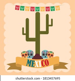 mexican independence day, skulls catrina and cactus cartoon, celebrated on september vector illustration