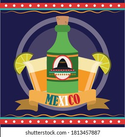mexican independence day, tequila bottle and shots drink with lime, celebrated on september vector illustration