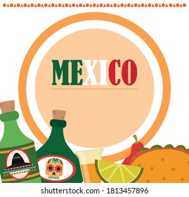 mexican independence day, tequila bottles lemon taco food, celebrated on september vector illustration