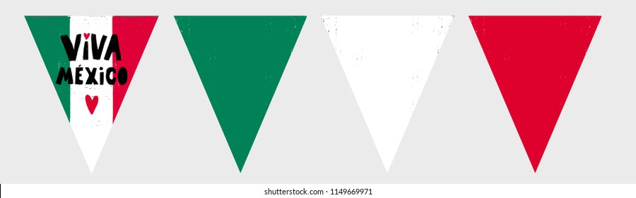 Mexican Independence Day Vector Garland. White, Red and Green Smooth Flags. Black Hand Written Letters on a Mexican Flag Background. Viva Mexico Text. Bunting Flags. 