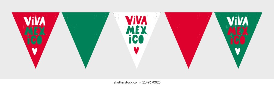Mexican Independence Day Vector Garland. Red and Green Smooth Flags. Hand Written Letters on a Red, White and Green Background. Viva Mexico Text. Bunting Flags. Mix of Colors.