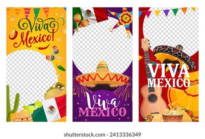 Día de la Independencia Mexicana y Viva México plantillas vectoriales de medios sociales para artículos de vacaciones, sombrero mexicano con bigotes, guitarra y maracas con pinata y bandera mexicana para el Día de la Independencia