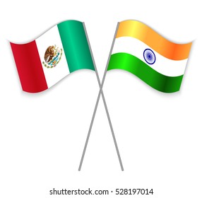 Mexican and Indian crossed flags. Mexico combined with India isolated on white. Language learning, international business or travel concept.